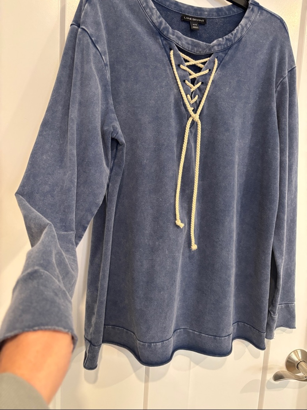 Lane Bryant Washed Blue Lace-Up Long Sleeve Pullover - Picture 4 of 6